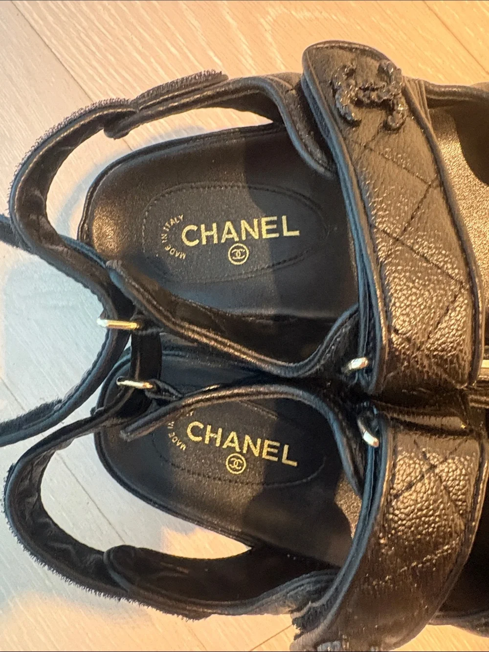 Black Quilted Leather Kids Velcro Strap Sandals